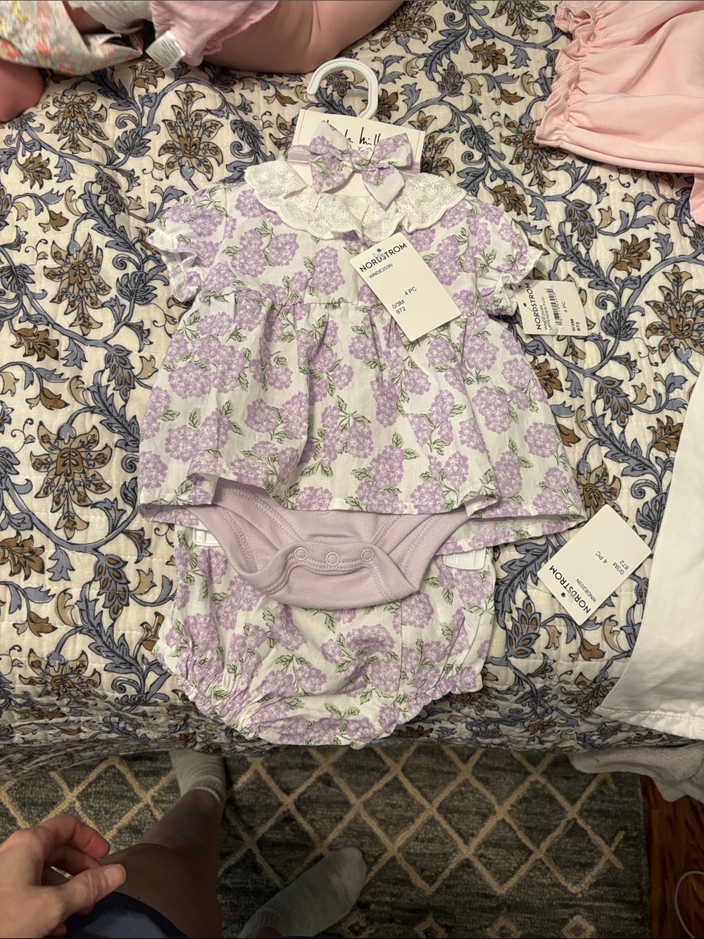 Nordstrom Lilac Floral Lace-Collar Baby Romper Set